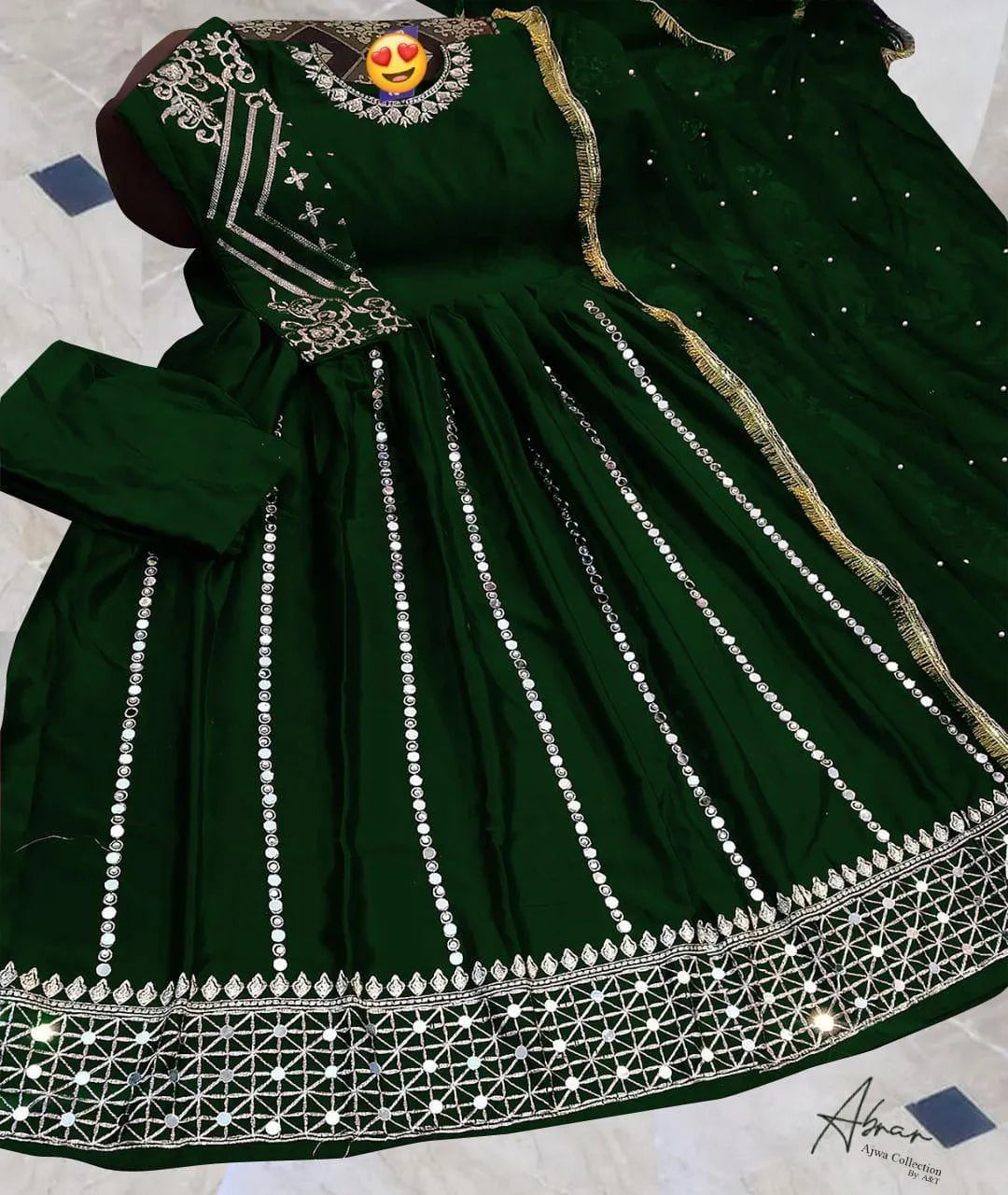 Green Shamoz Silk Maxi Set with Mirror Work & Dupatta