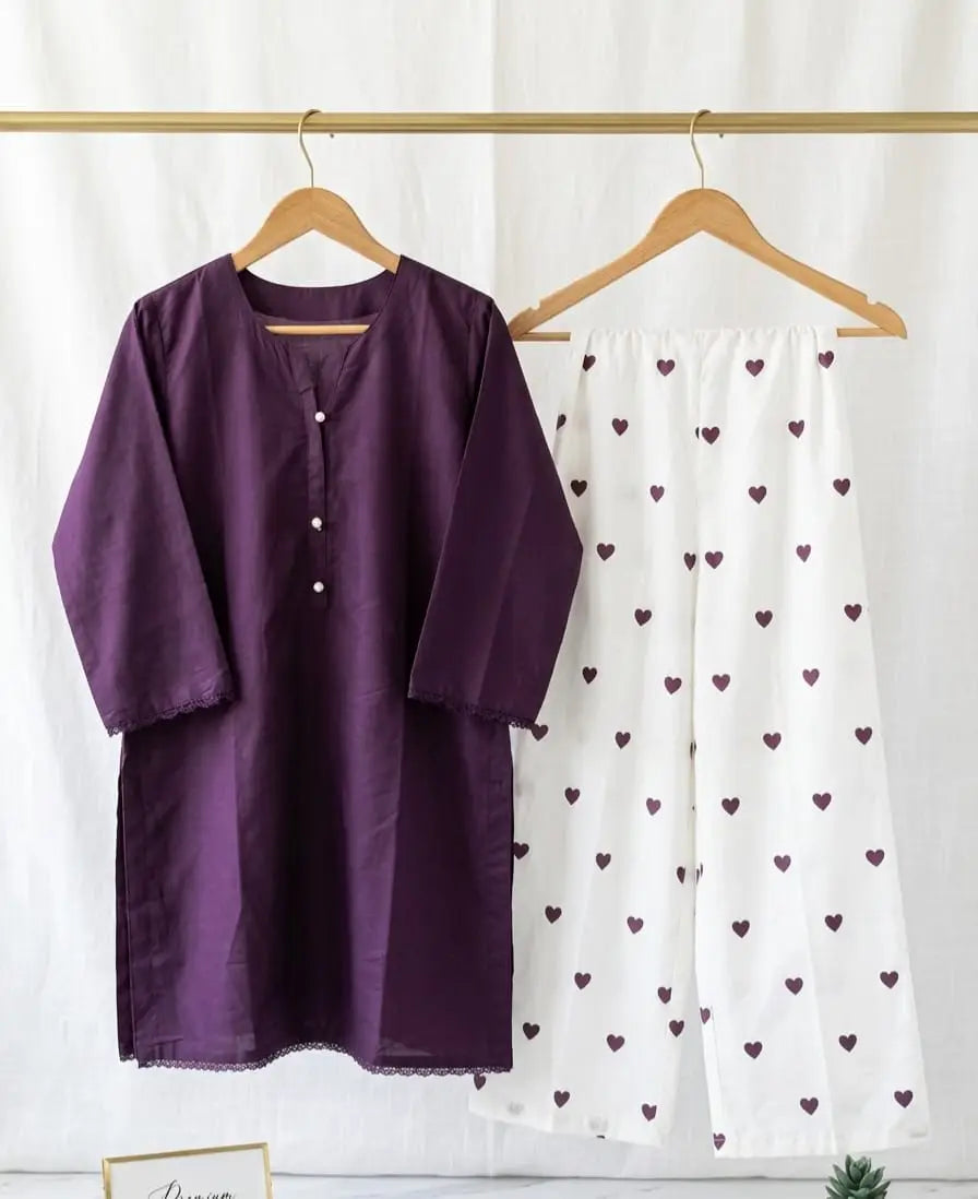 Trending 2 Pcs Women's Stitched Cotton heart style Shirt And printedTrouser